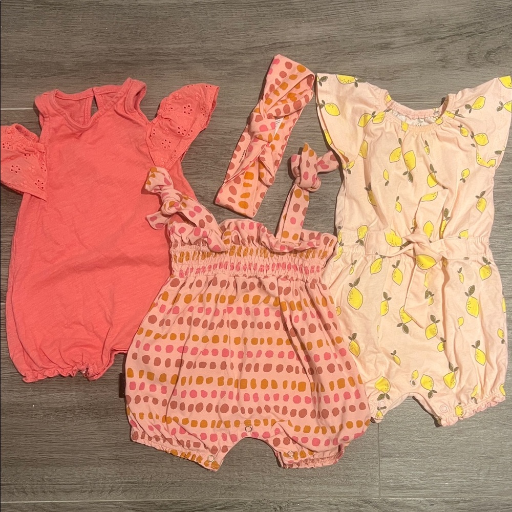Bundle of pink cotton rompers- eyelet , polka dot, lemon. Summer spring vacation